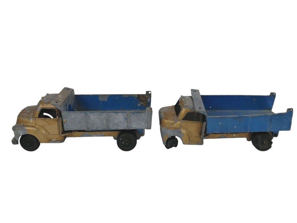 Structo Pressed Steel Blue Dump Truck Toys 9” Lot Of 2 Vtg